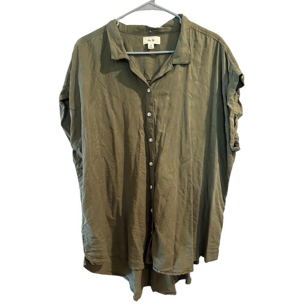 Per Se Olive Green Button Down Short Sleeve‎ High Low Shirt Plus Size 1X